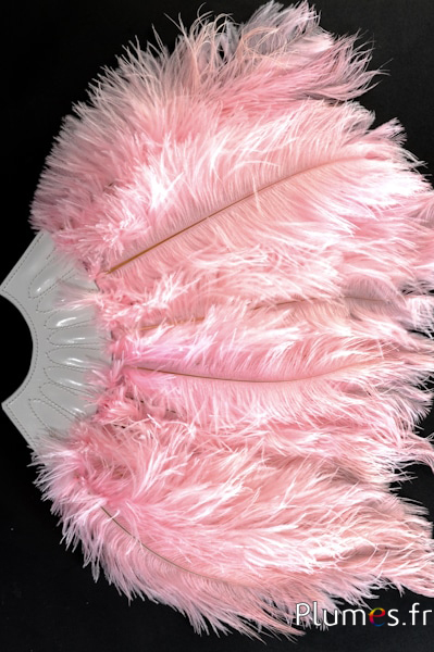 Éventail en plumes d’autruche - 20 plumes, cuir blanc - rose